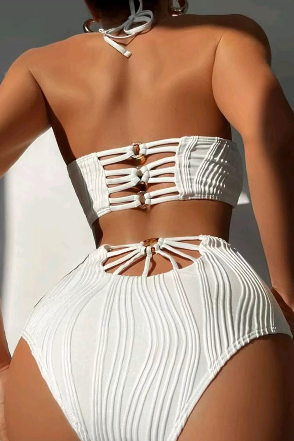 Beige Way Textured Halter Backless Bikini Set