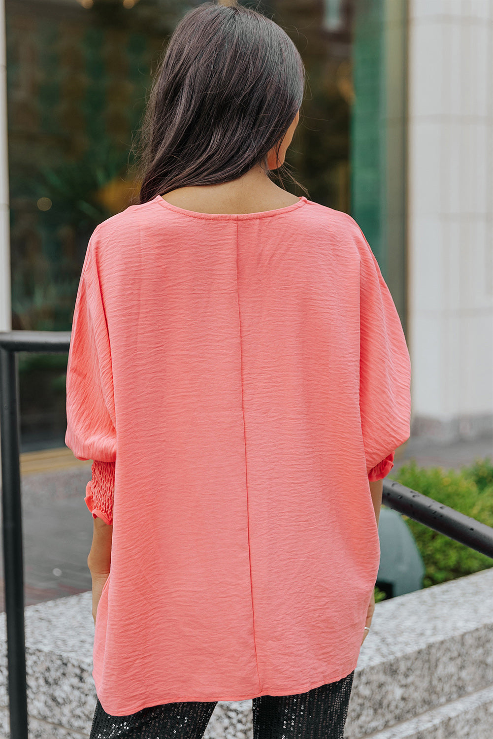 Apricot Solid Casual Smocked Cuffs Batwing Sleeve Blouse